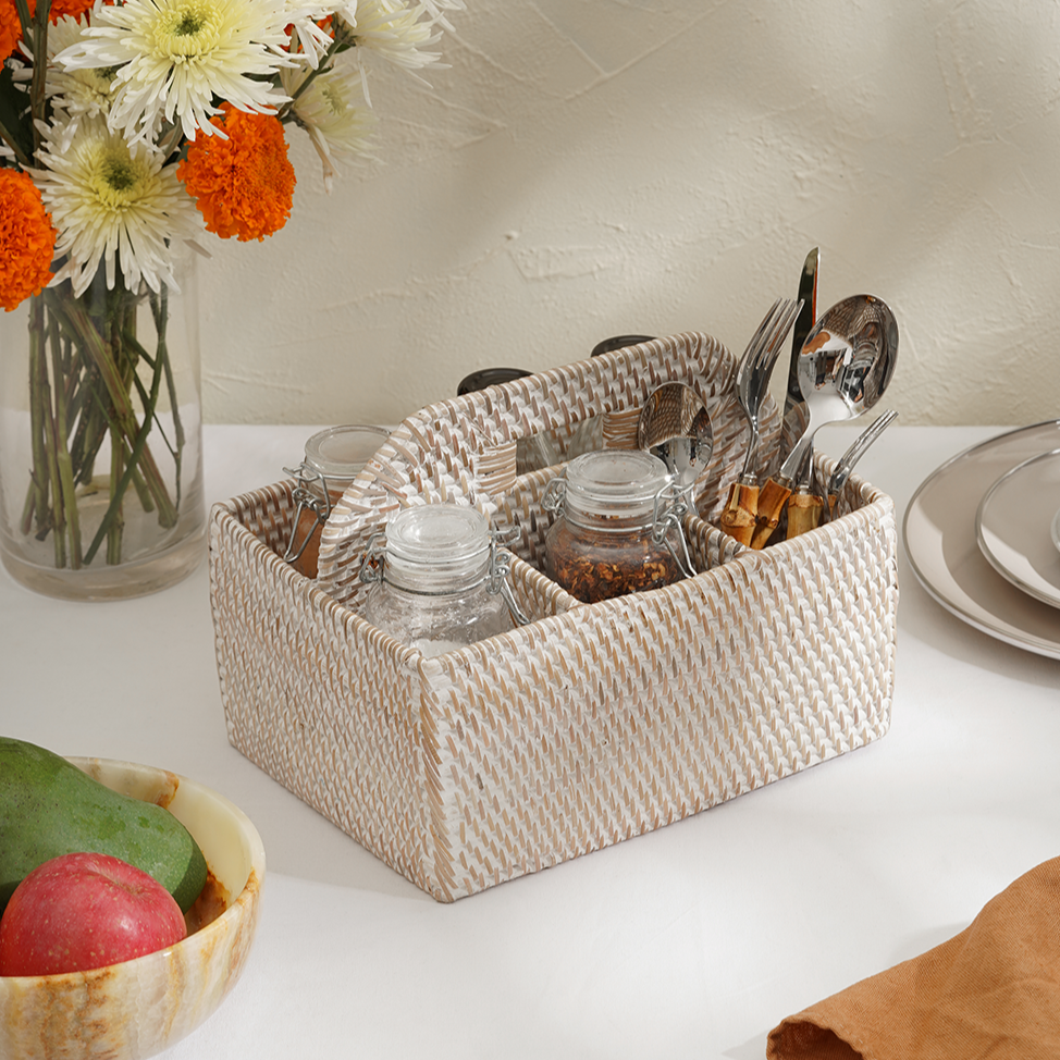 Rattan Condiment and Cutlery Basket Holder