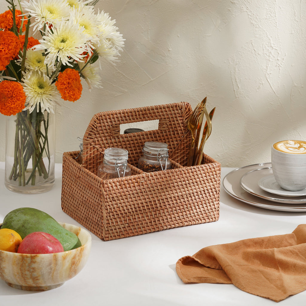 Rattan Condiment and Cutlery Basket Holder