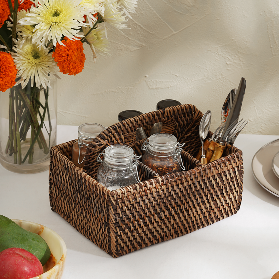 Rattan Condiment and Cutlery Basket Holder