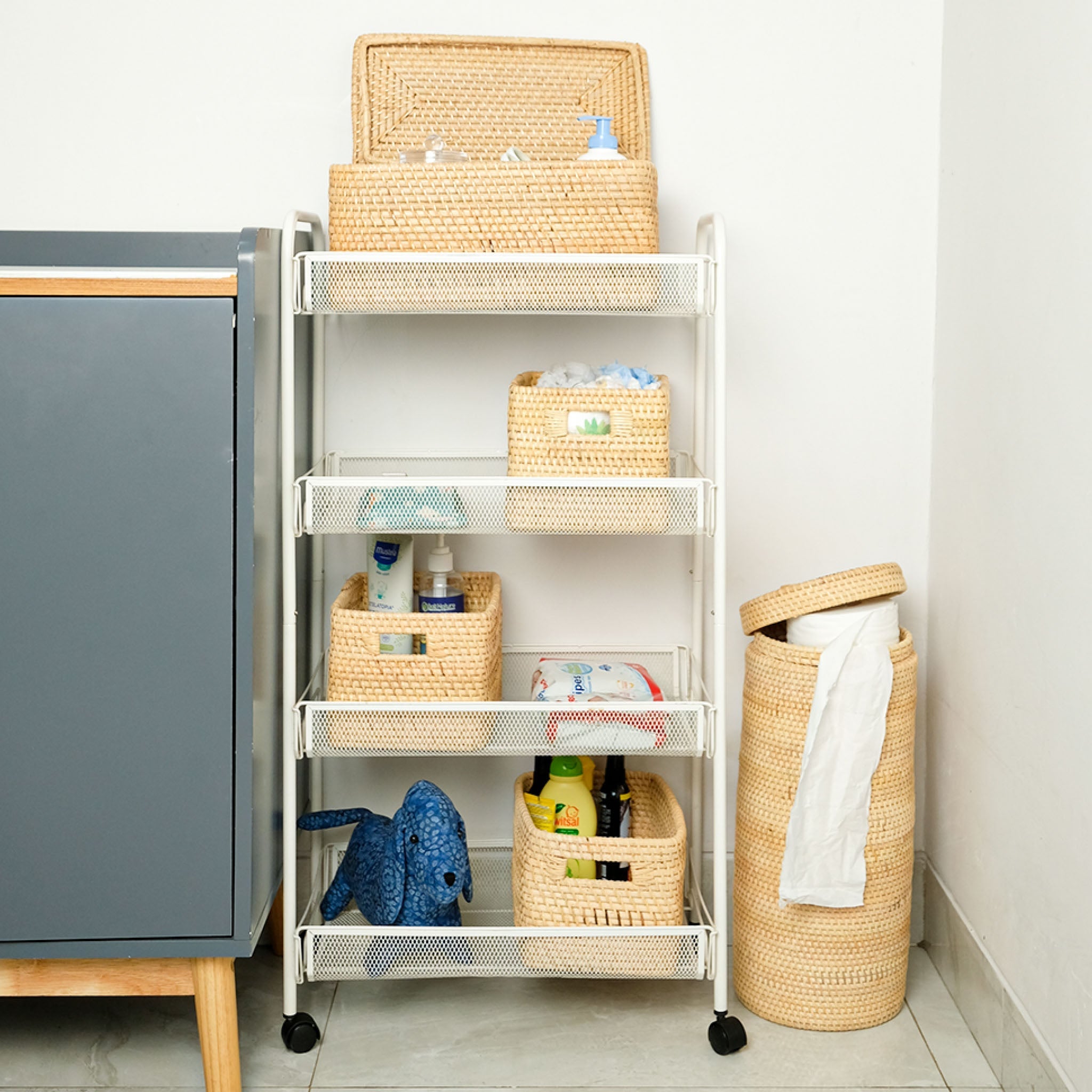 Colourful rattan storage baskets in 4 colours