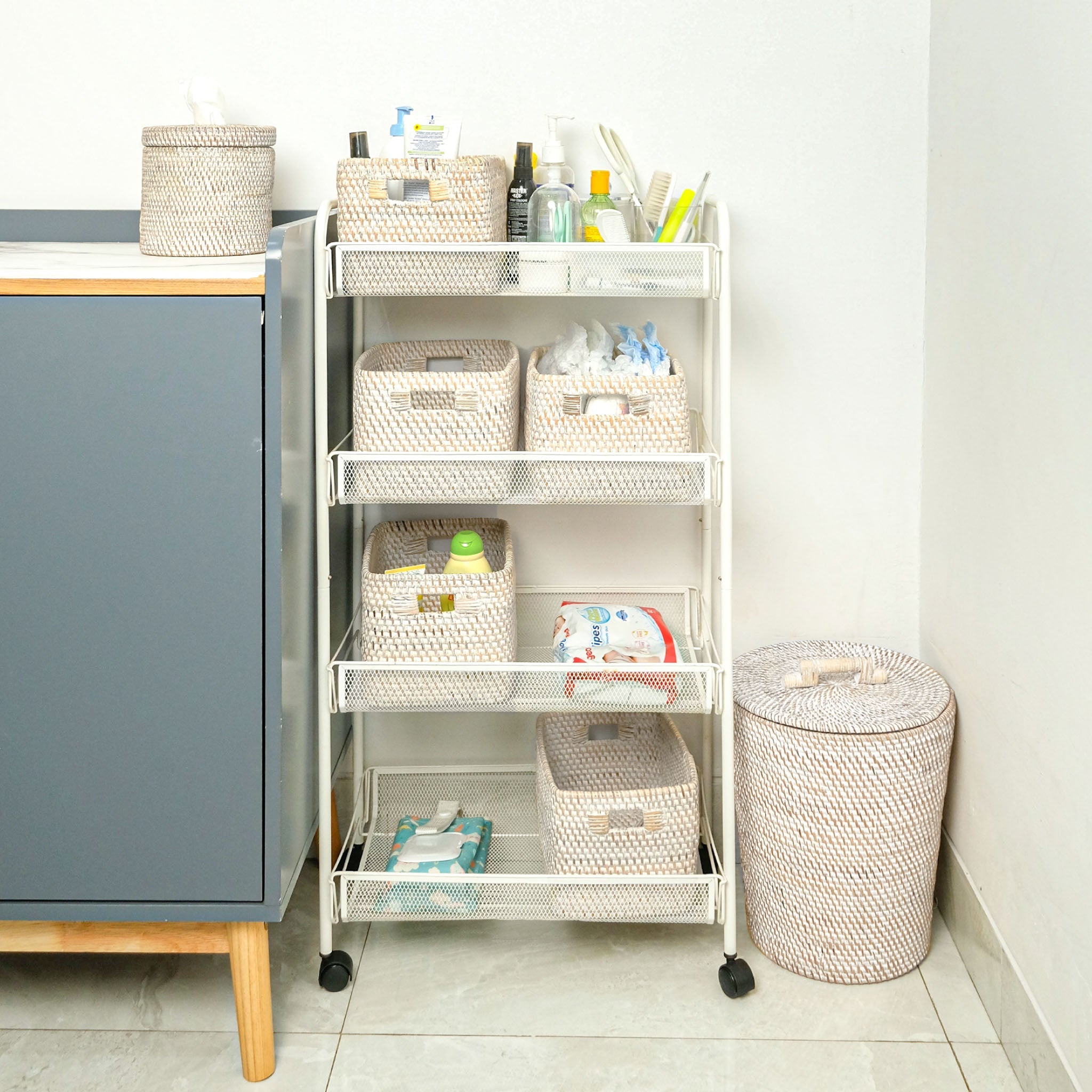 Colourful rattan storage baskets in 4 colours