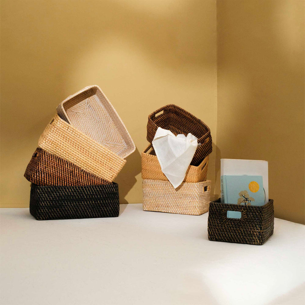 Colourful rattan storage baskets in 4 colours