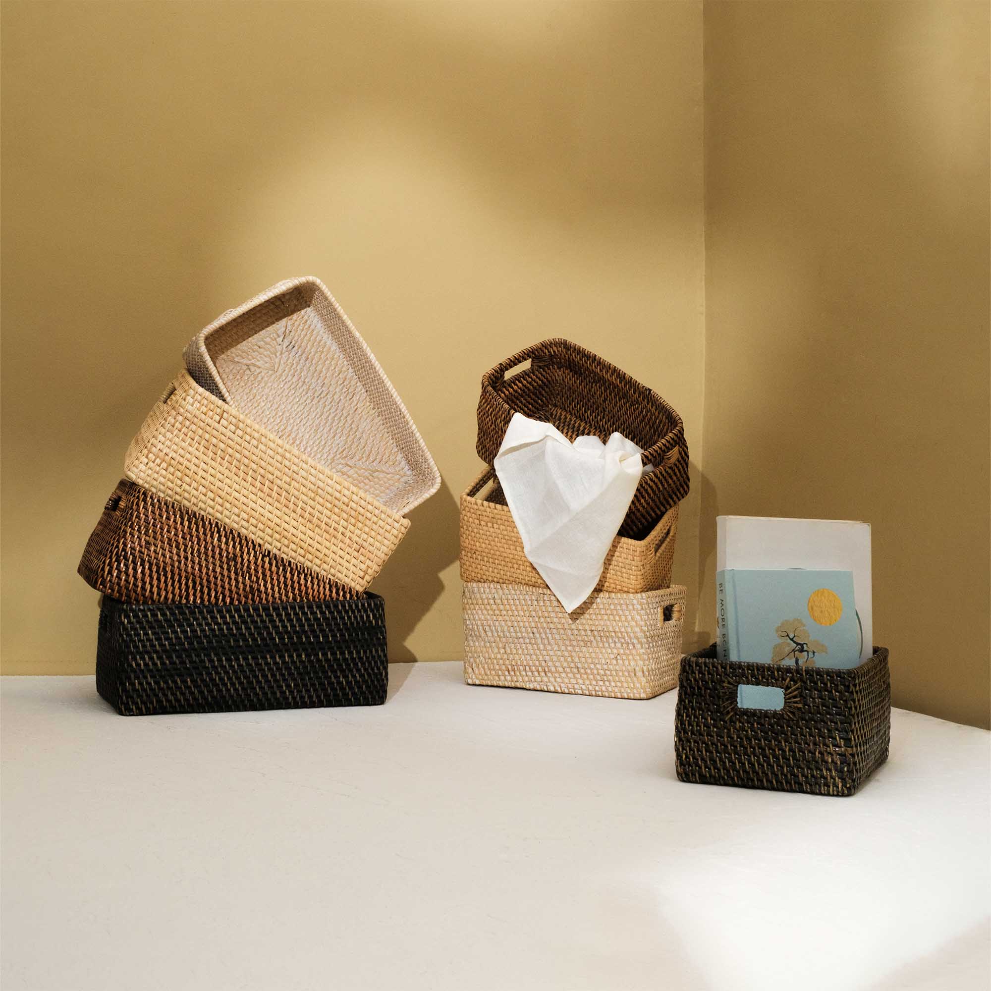 Colourful rattan storage baskets in 4 colours