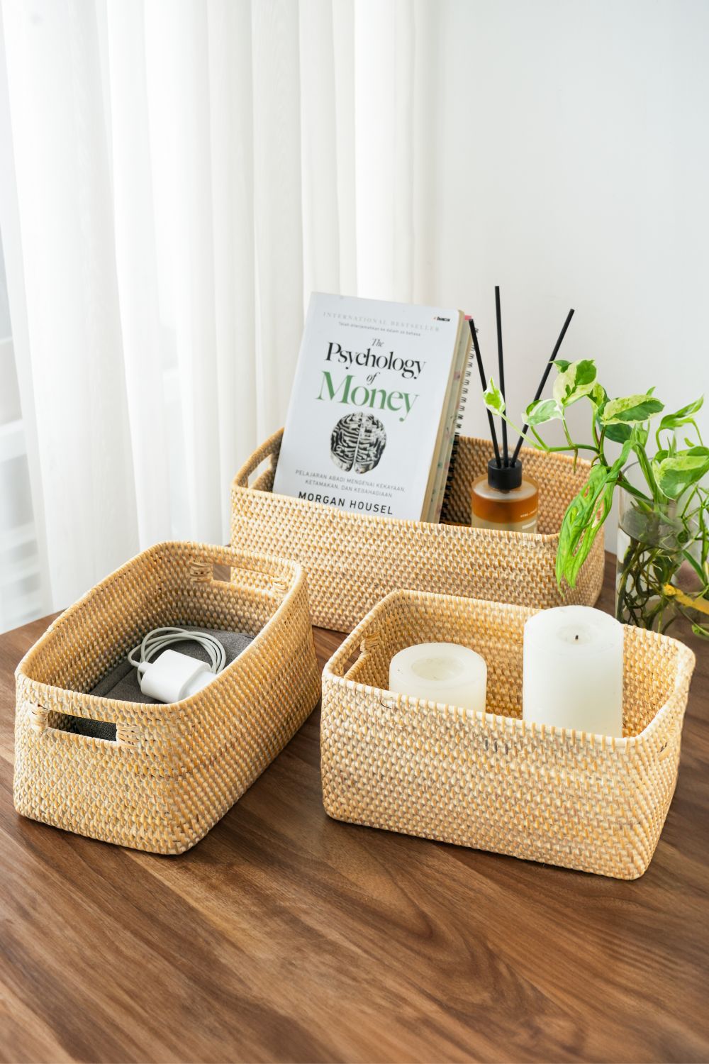 Colourful rattan storage baskets in 4 colours