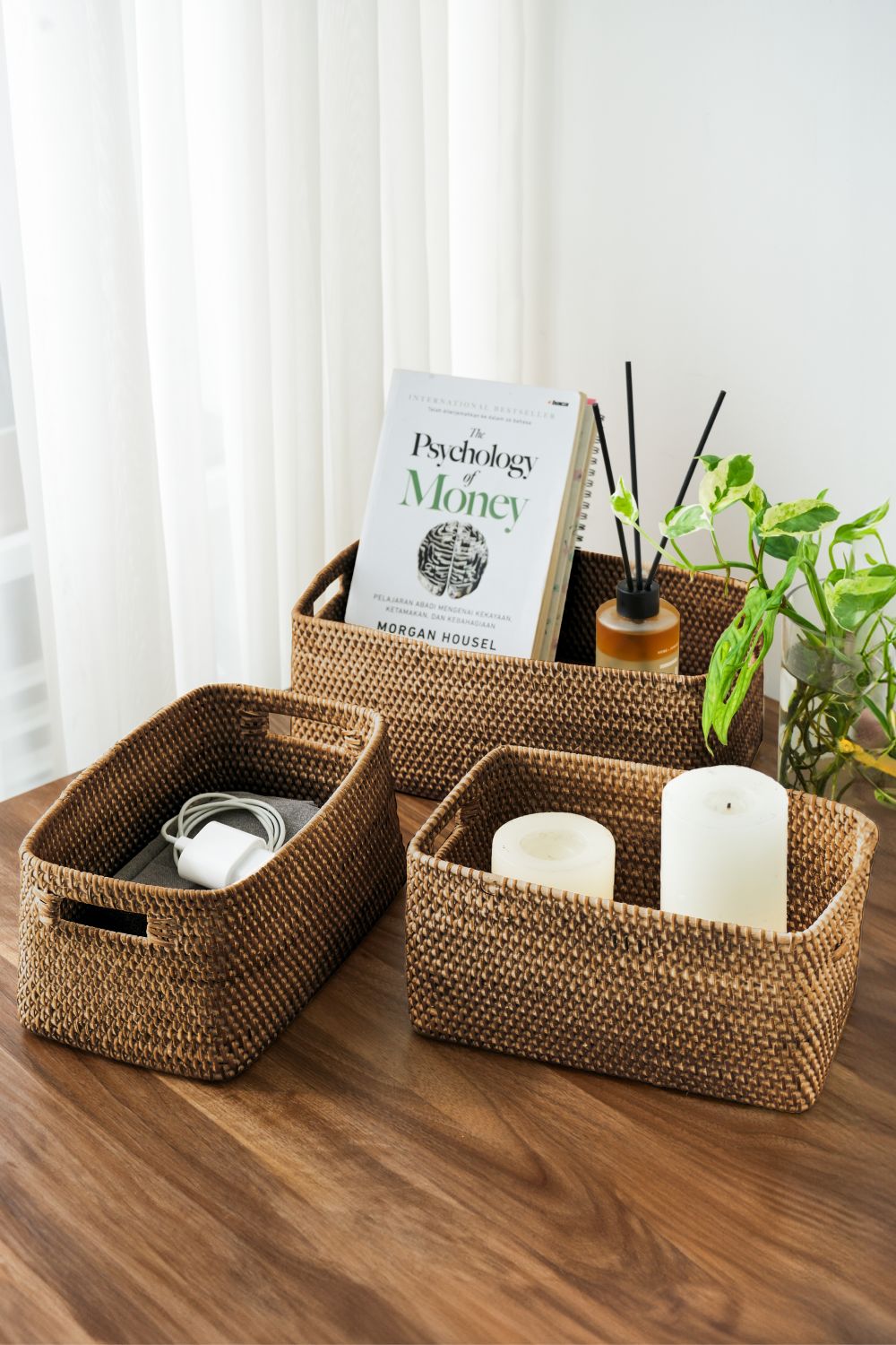 Colourful rattan storage baskets in 4 colours