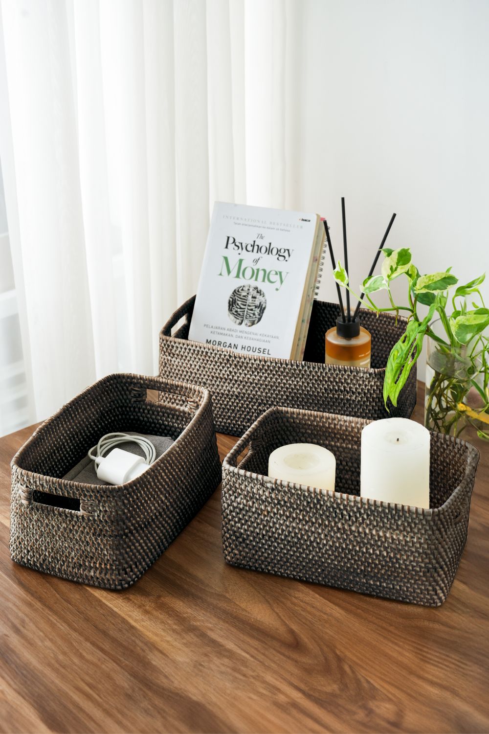 Colourful rattan storage baskets in 4 colours