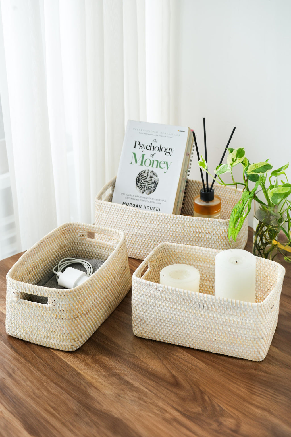 Colourful rattan storage baskets in 4 colours